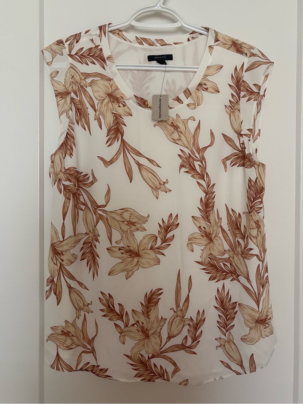 RW&CO. Cream Sleeveless Floral Camisole with Brown Print